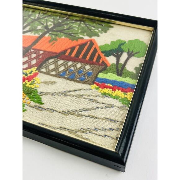 Vintage Crewel Long Stitch Framed Fiber Art Stream Covered Bridge Cottage Trees - Picture 3 of 10